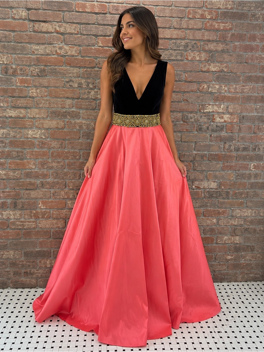 NWT Mac Duggal Black and Coral-prom, wedding, gala- Dress with Gold Details